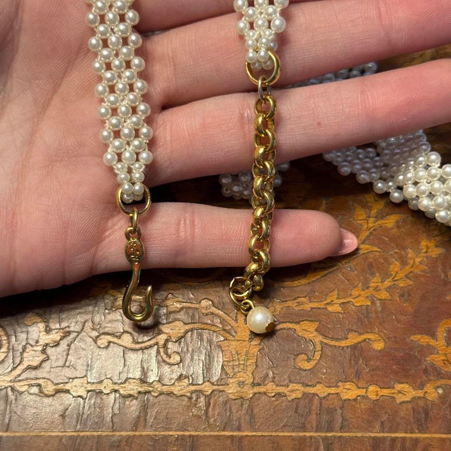 Vintage Napier Interwoven Faux Pearl Gold Tone Collar Necklace