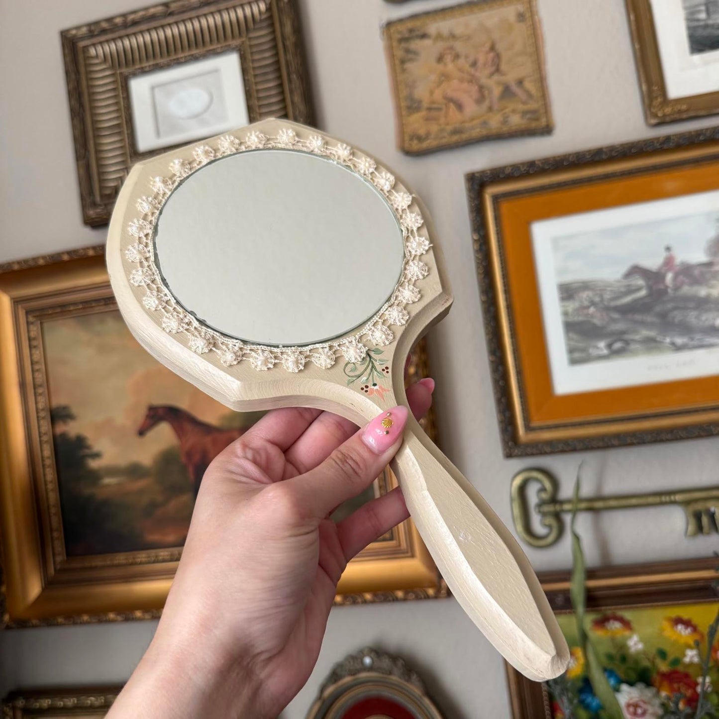 Vintage Hand Mirror with Lace Detailing
