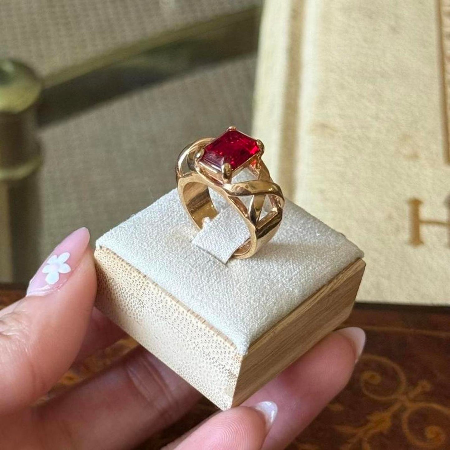 Vintage Gold Electroplated Red Ruby faux Glass Ring