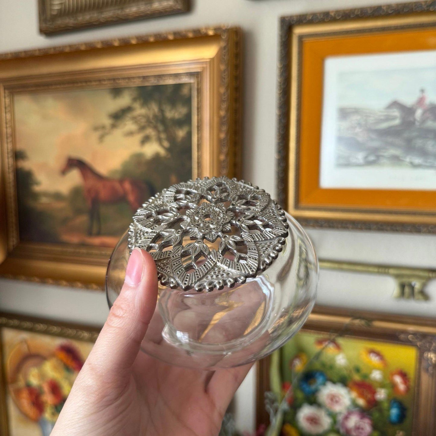 Vintage Glass Potpourri Dish with top Metal lid