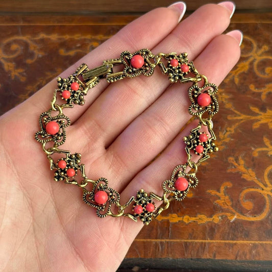 Vintage Filigree Flower Bracelet withg peach color stones
