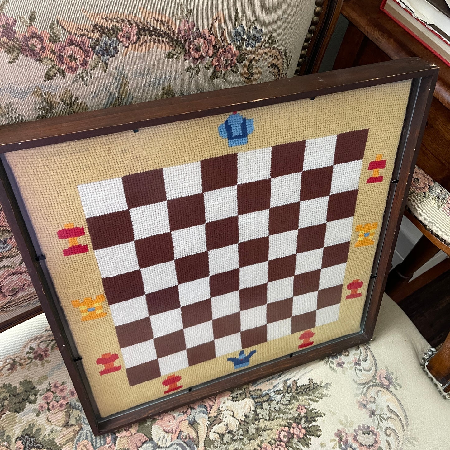 Vintage handmade checkers chess board needlepoint piece art work framed