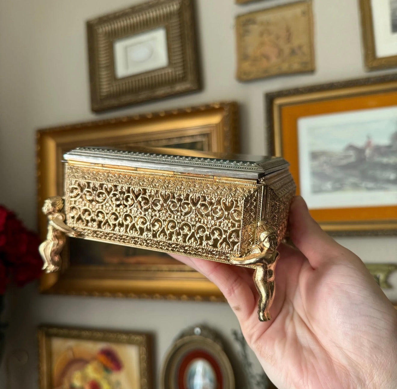 Vintage Cherub Jewelry Box Gold Plated Footed Ormolu