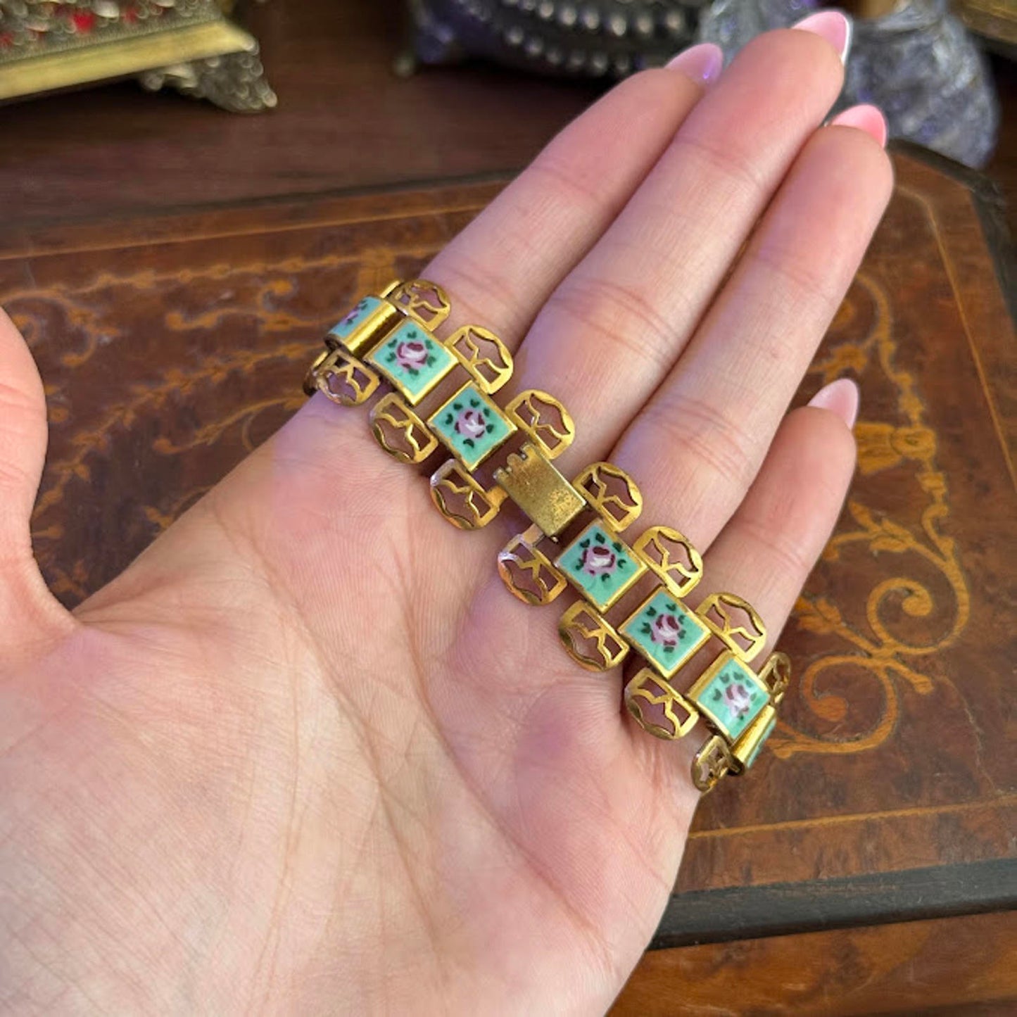Vintage Gold Tone & Enamel Hand Painted Rose Panel Bookchain Bracelet