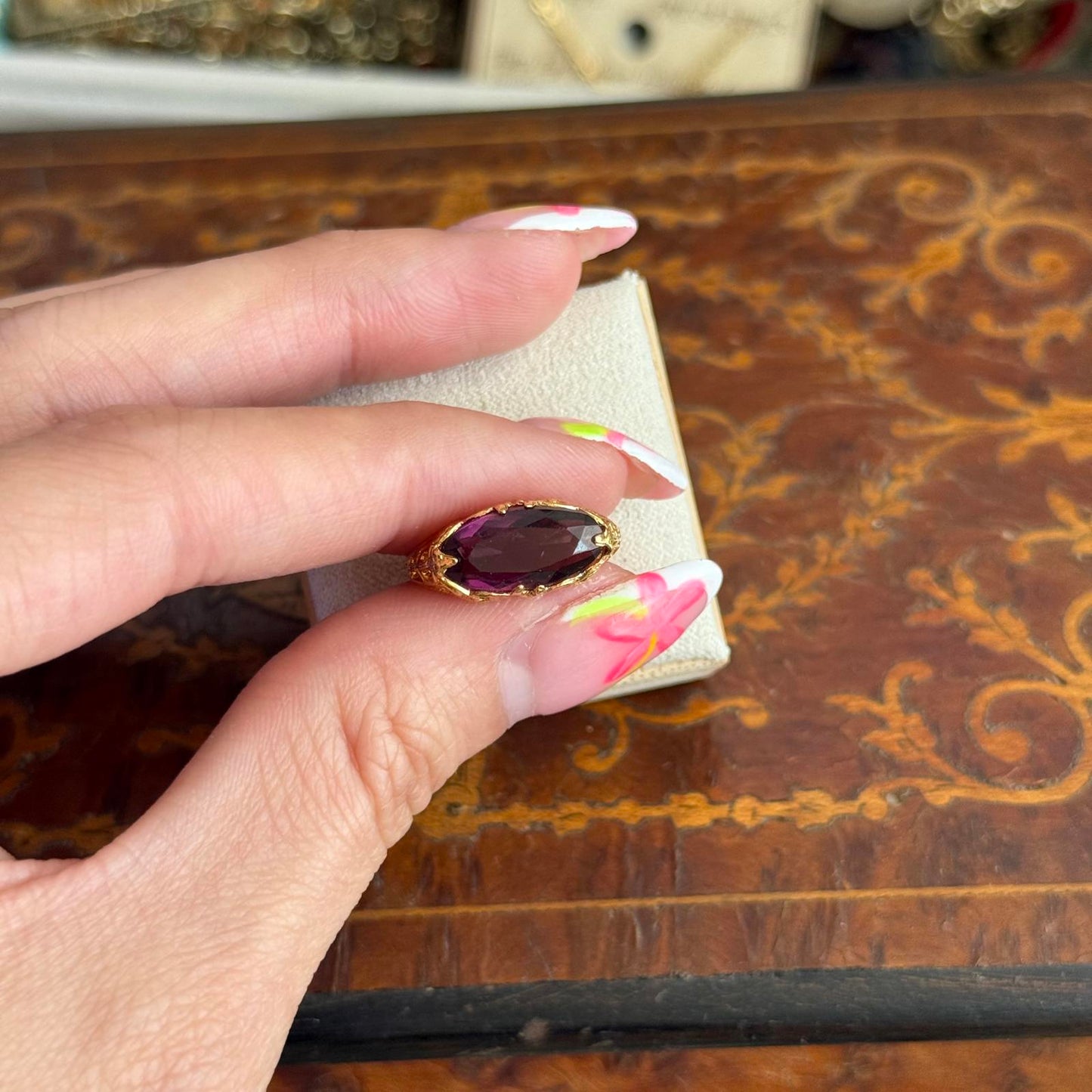 Vintage Style 14kt GE Gold Electroplated Purple Glass stone Ring