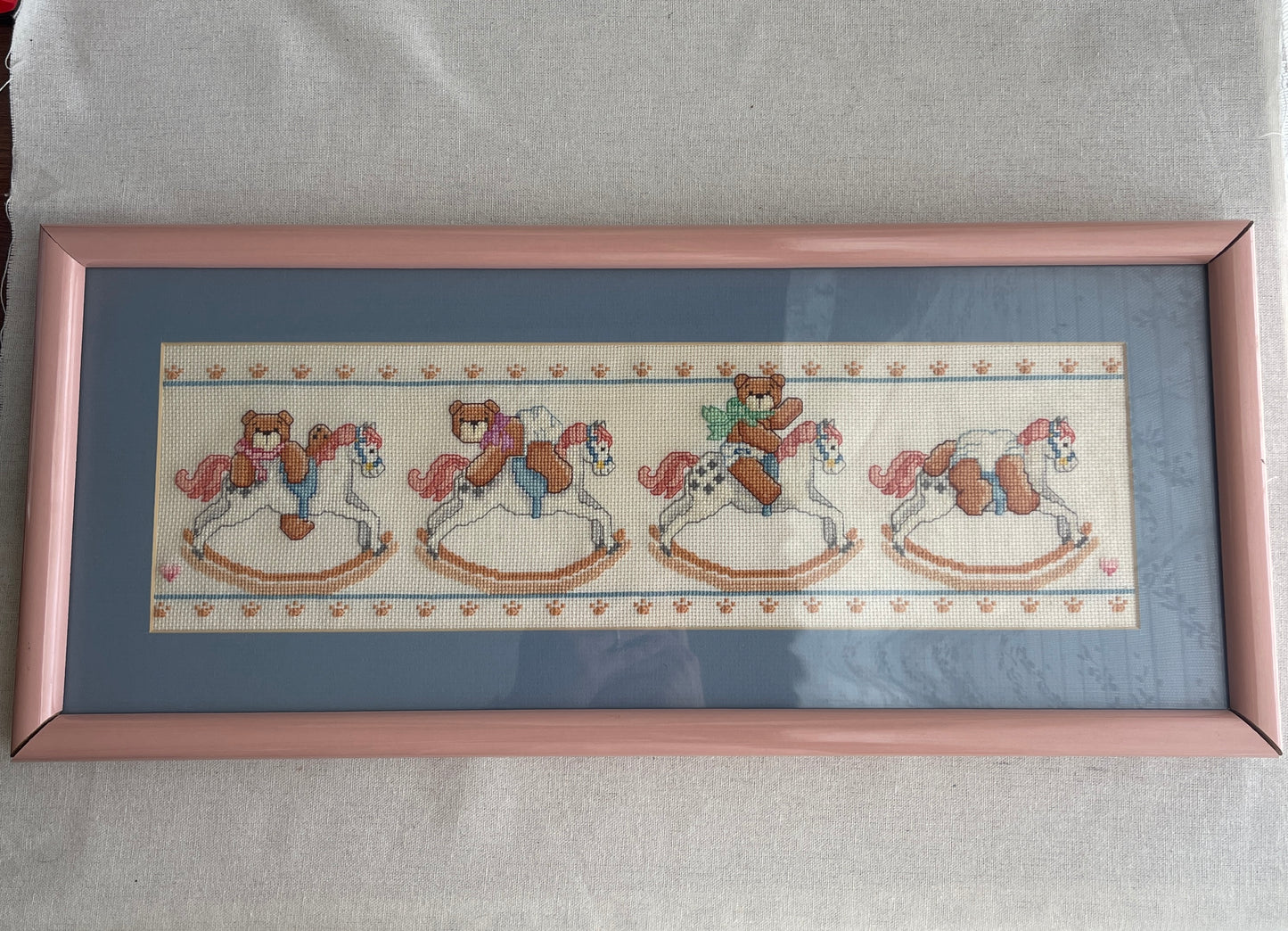 Vintage Bears and rocking horse needlepoint framed art