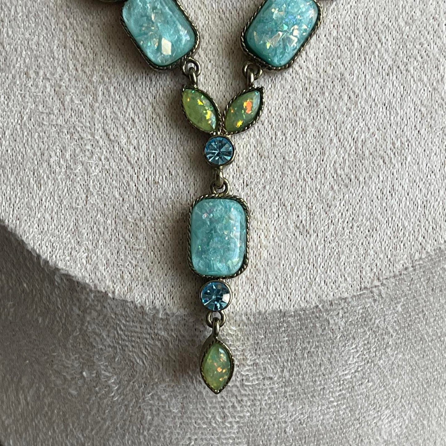 Vintage Avon Opalite Blue Green Blue Topaz Rhinestone Drop Necklace