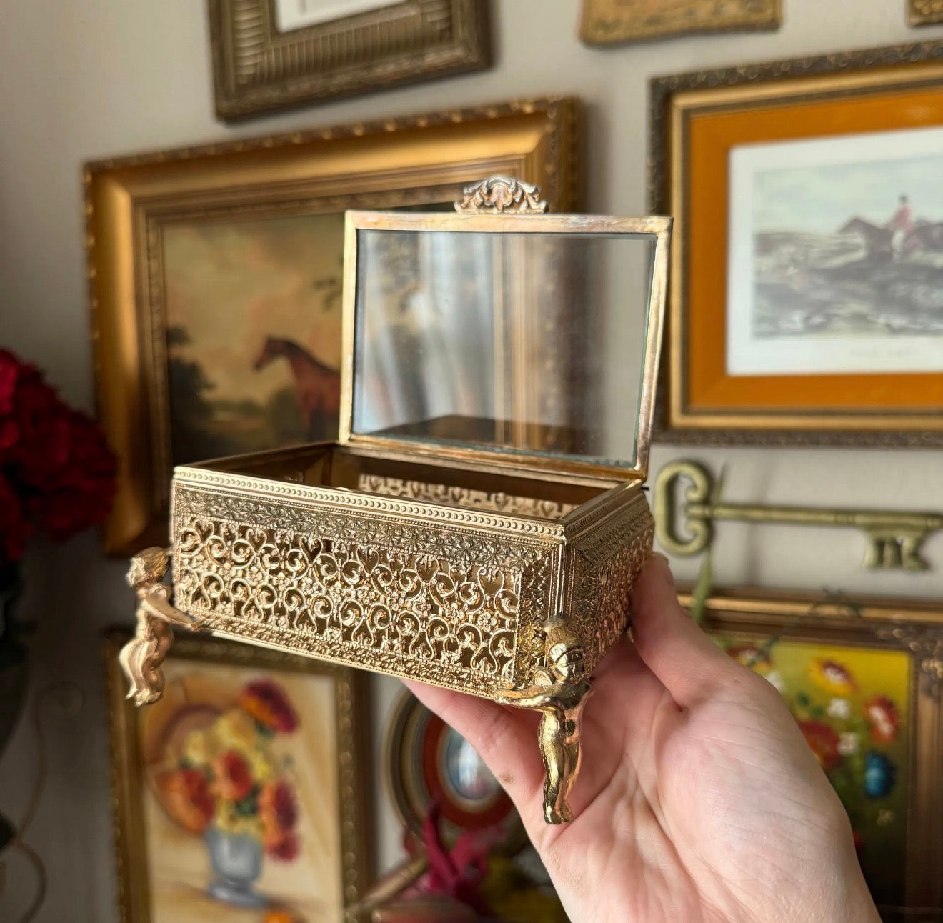 Vintage Cherub Jewelry Box Gold Plated Footed Ormolu
