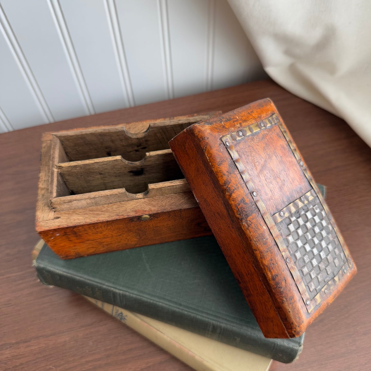 Vintage wooden box with metal inlay