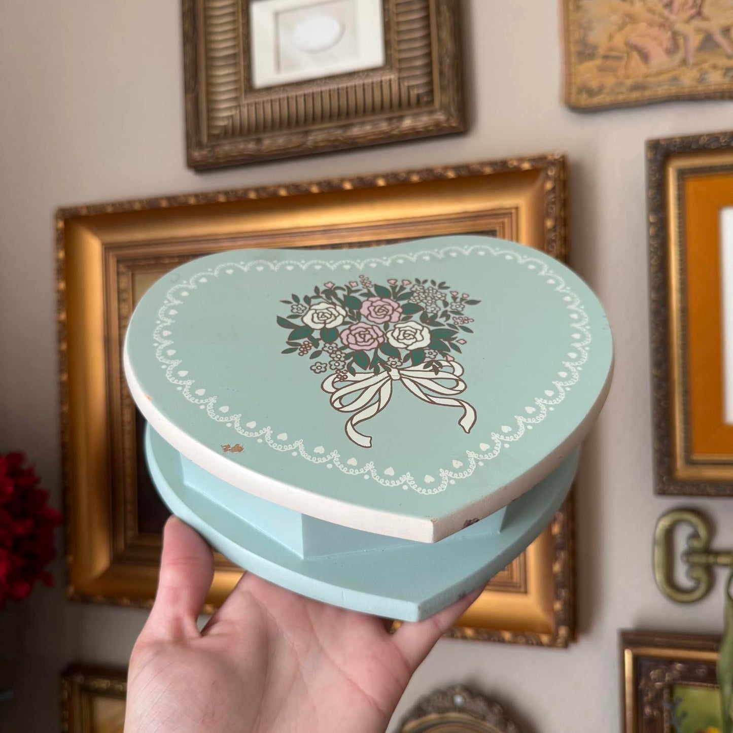 Vintage Wooden Heart Shaped Jewelry Box