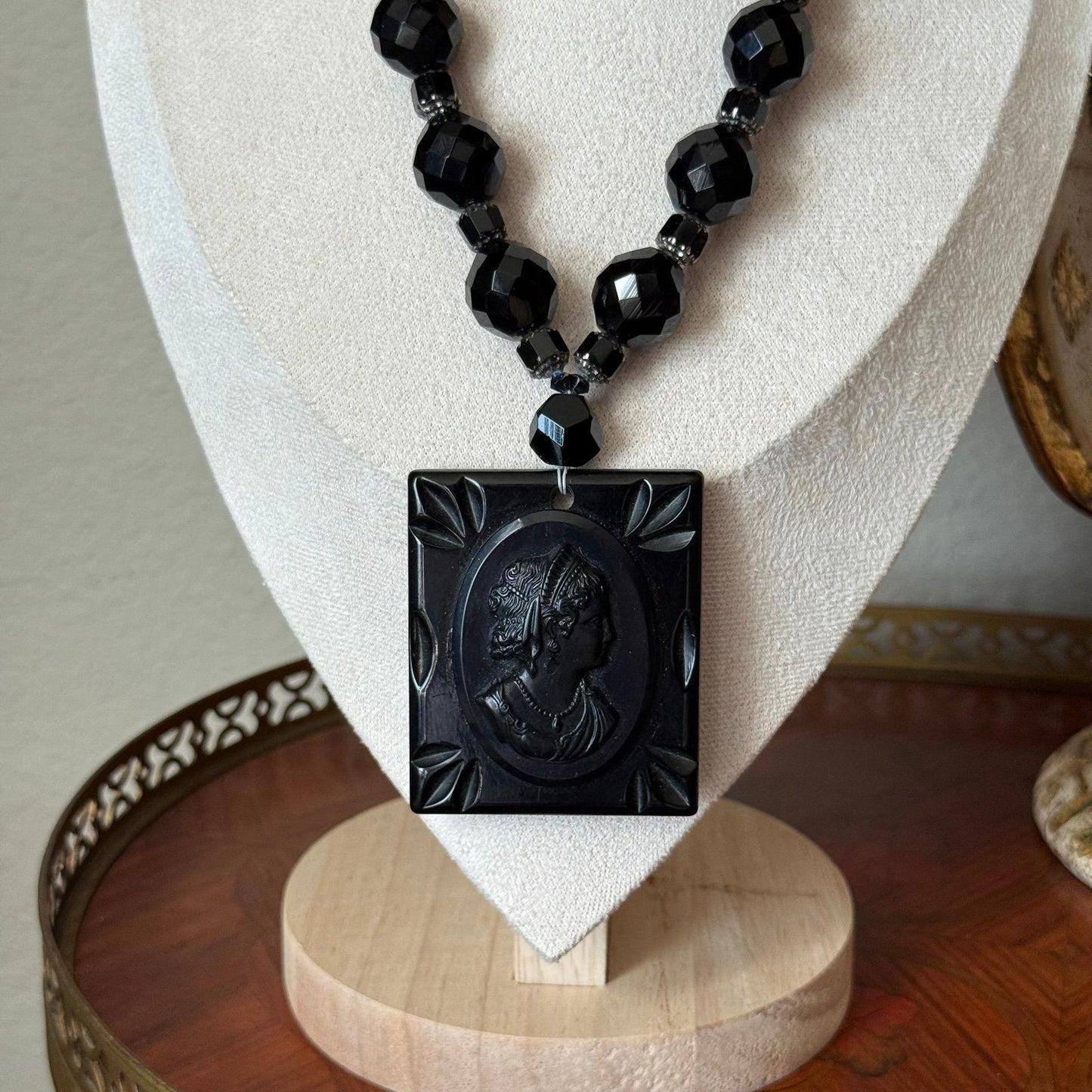 Vintage Carved Ebony Lucite Cameo Pendant black mourning cameo necklace