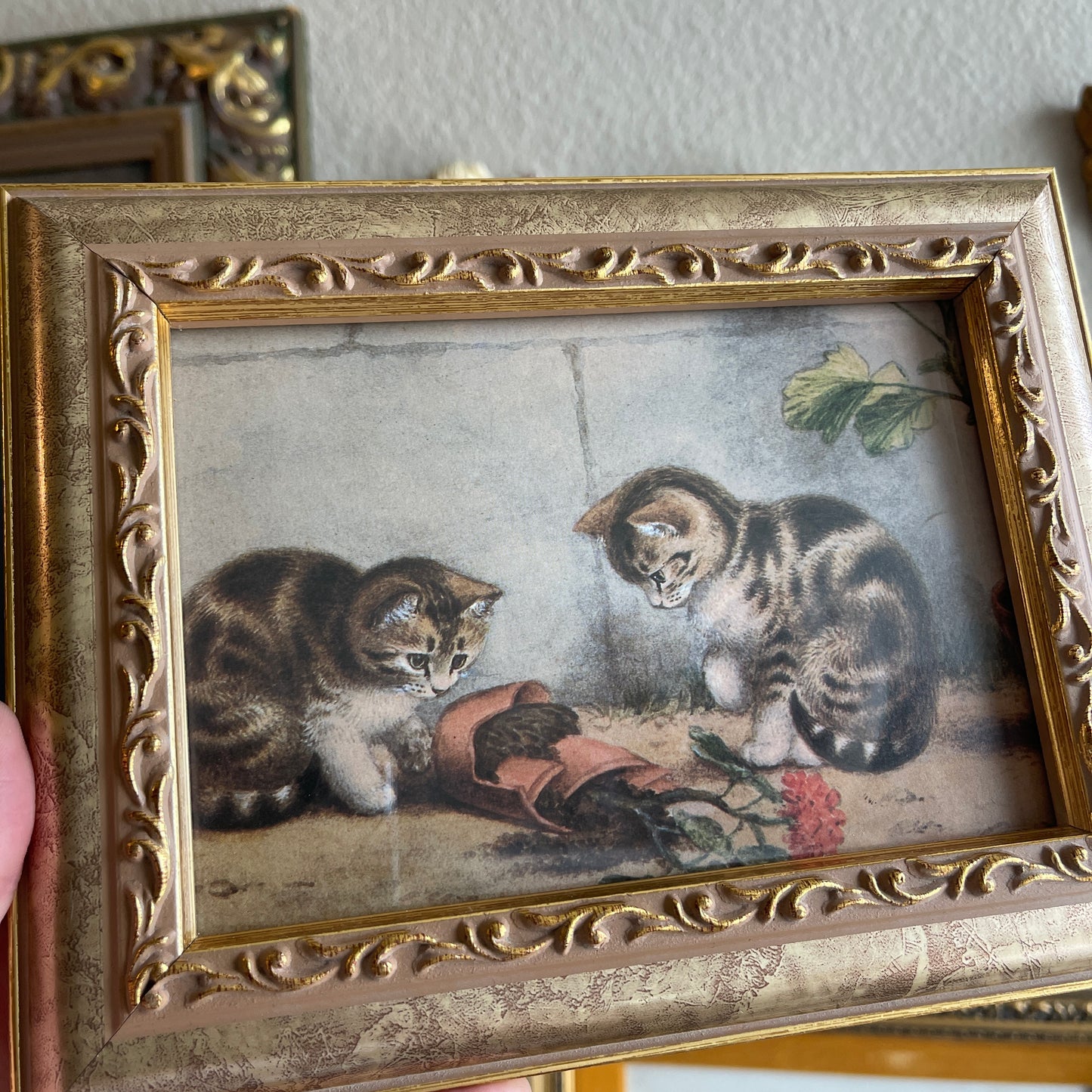 Vintage Kitties with flower pot Print Framed