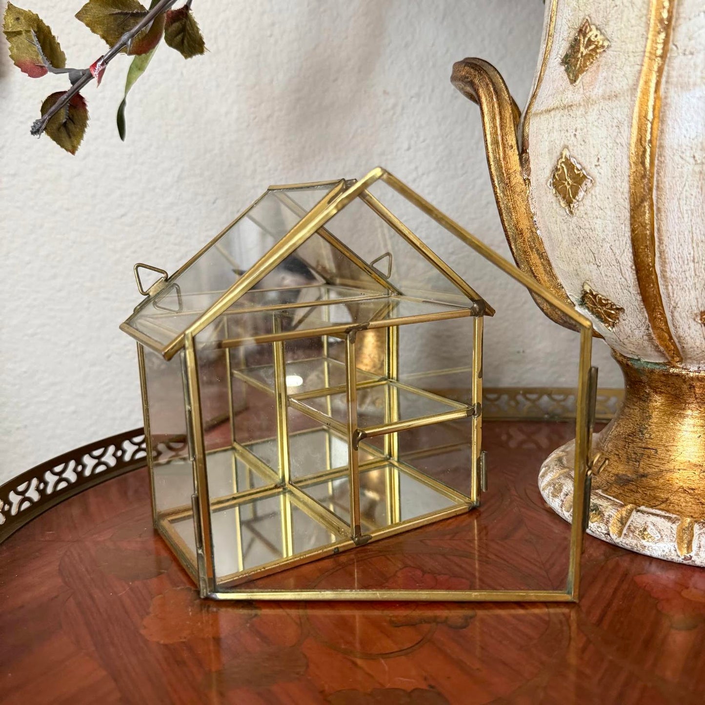 Vintage Mirrored Brass and Glass House-Shaped Display Shelf