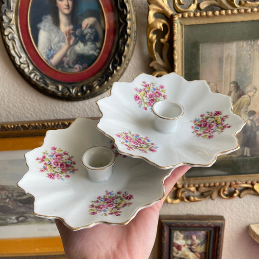 Vintage ceramic white with floral set of 2 candleholder