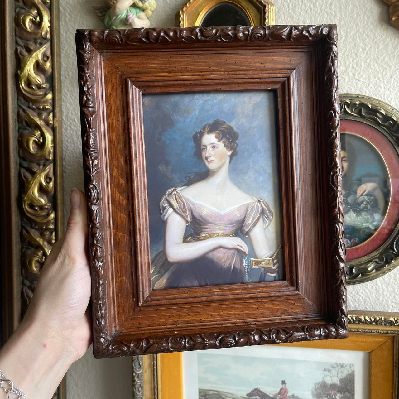 Vintage wood Frame with Woman Portrait with jewelry box framed