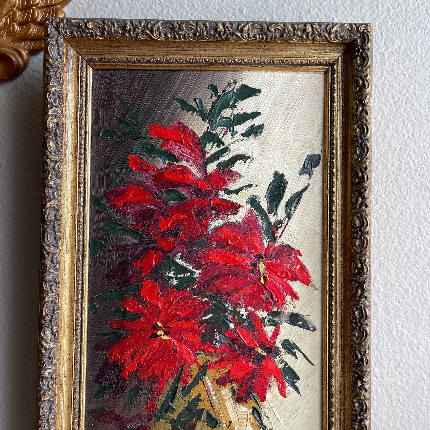 Vintage Red Poinsettia Flowers in Vase Painting Framed