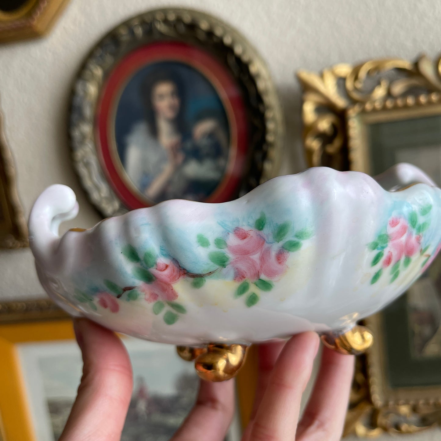 Vintage floral hand painted footed bowl