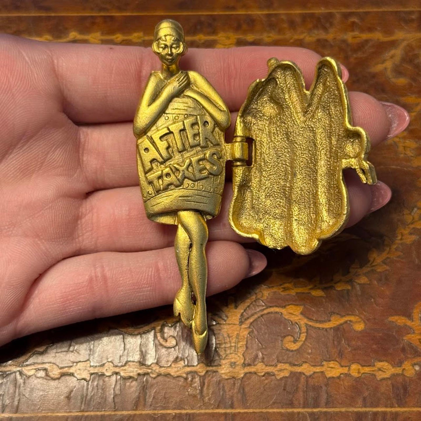 Vintage Signed AJC Gold Toned Brooch Before and After Taxes Fur Coat Lady