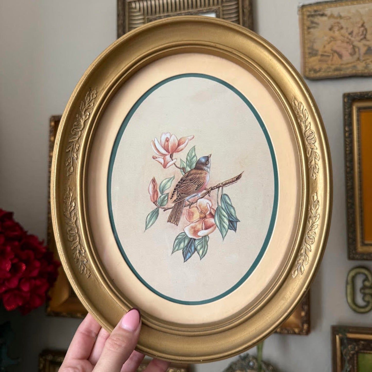 Vintage Home Interiors 1983 Birds Floral Print Gold Framed Oval Set