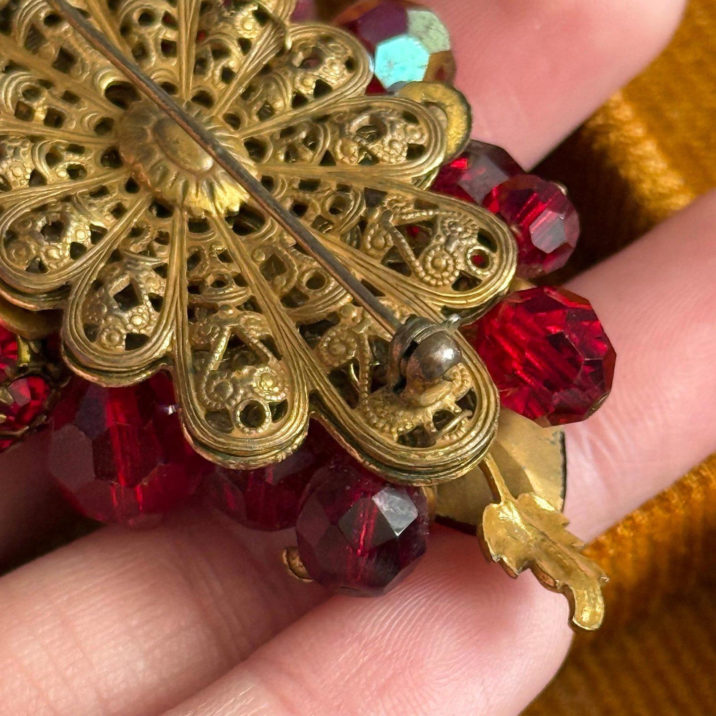 Vintage filigree Bright red faceted glass beads Brooch