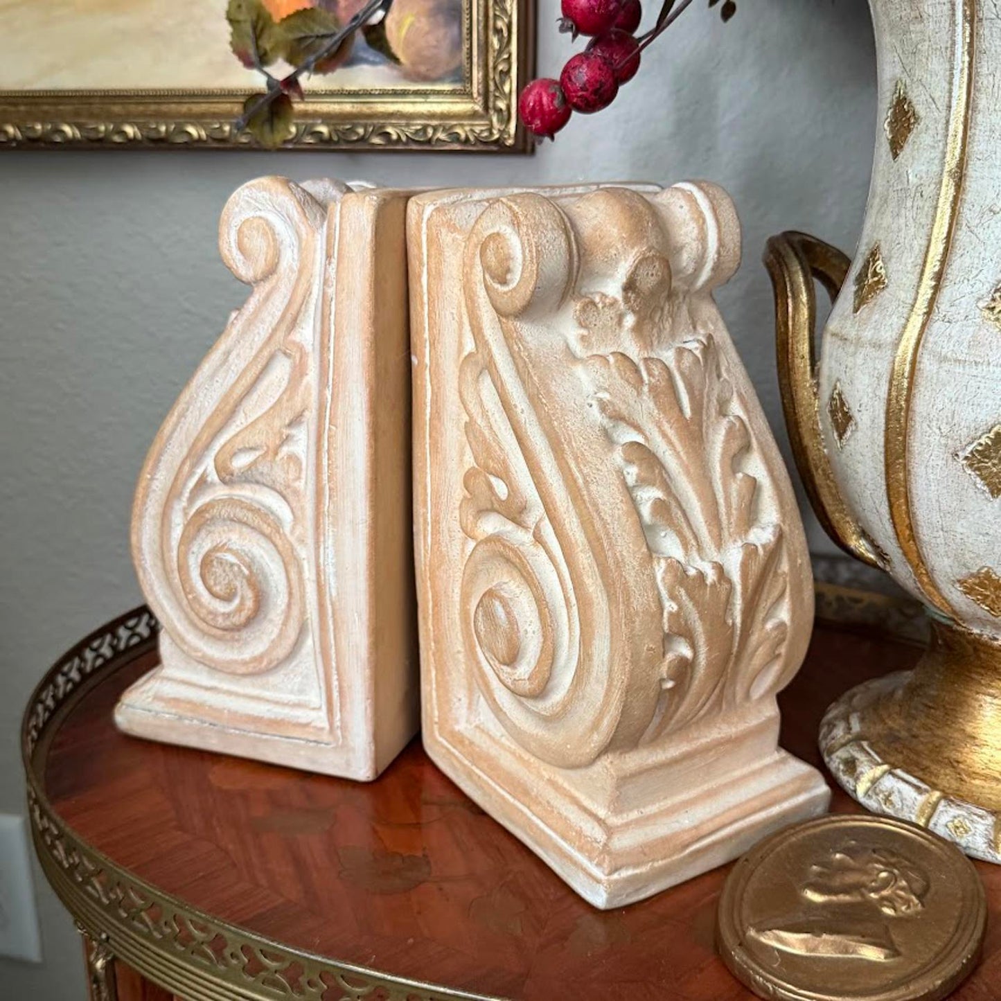 Vintage Pair of Ceramic Plaster Carved Bookends