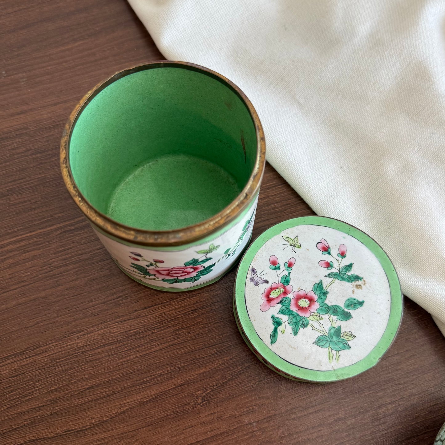 Vintage Chinese Hand-Painted Enamel Over Brass Tea Caddy Lidded Canister