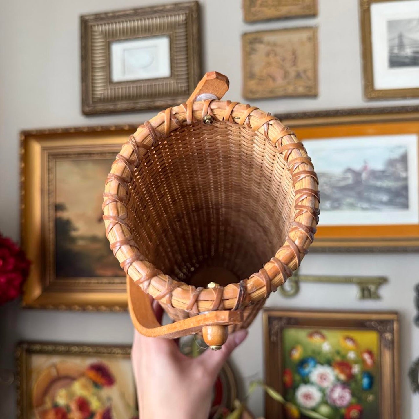 Vintage Tall Round Basket with Swing Handle