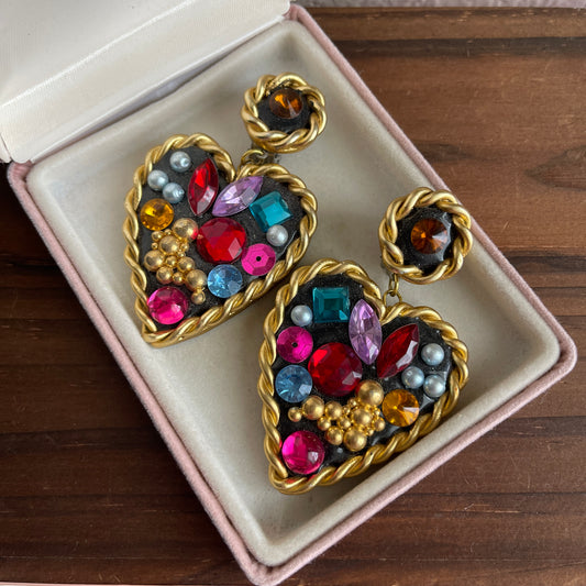 Vintage Heart earrings with multicoloured faux stones clip ons