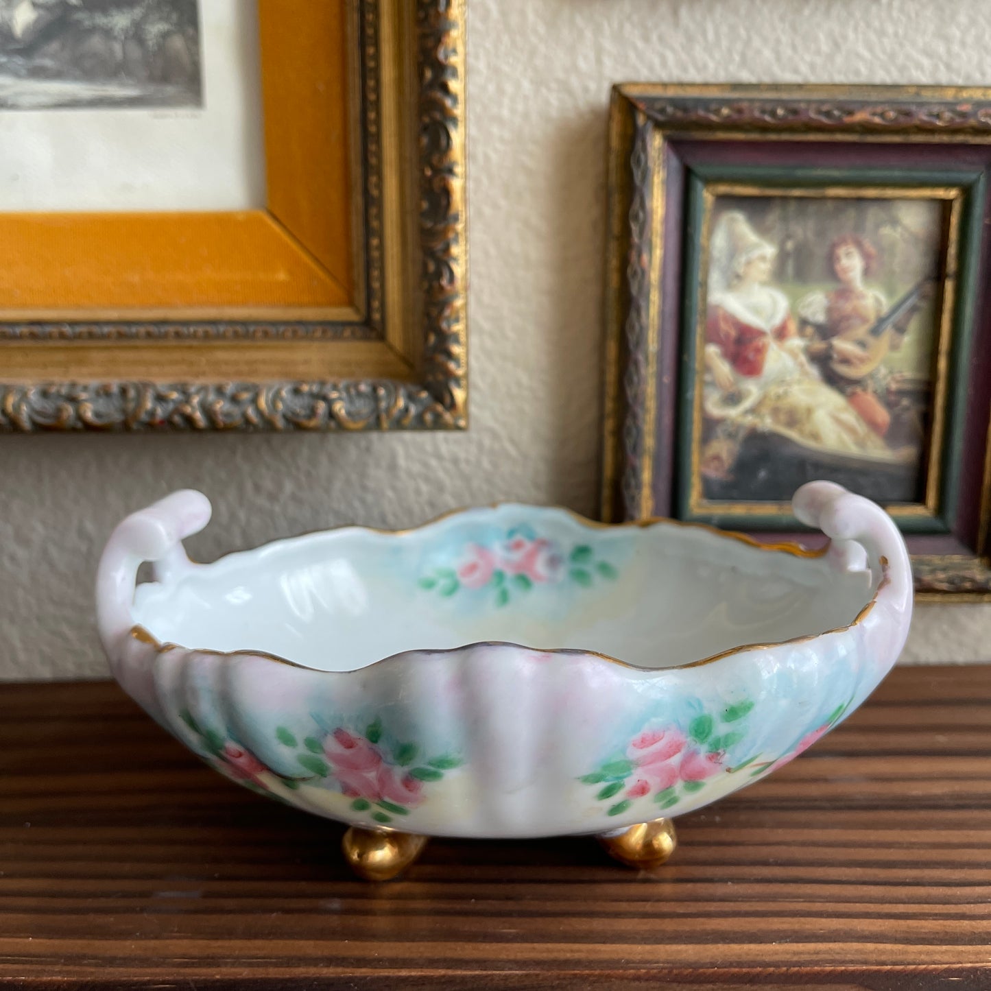 Vintage floral hand painted footed bowl