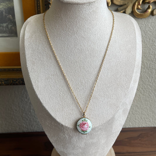 Vintage Guilloche Enamel Rose Pendant necklace