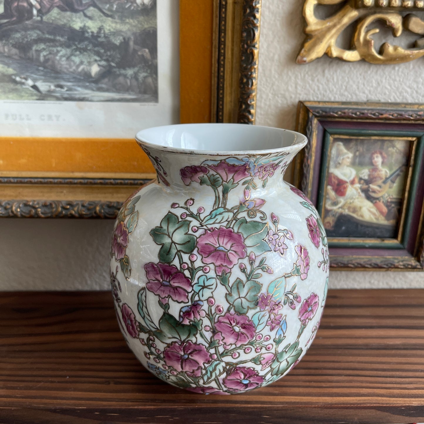 Hand Painted Floral Gold Gilt Purple Petunias Leaves vase