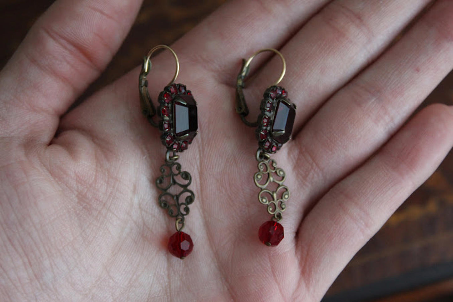 Vintage Victorian earrings with dark rectangle glass stones long earrings