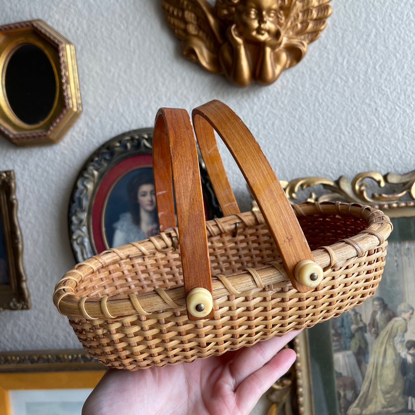 Lightship Style Oval Woven Cane Double Swing Handles basket