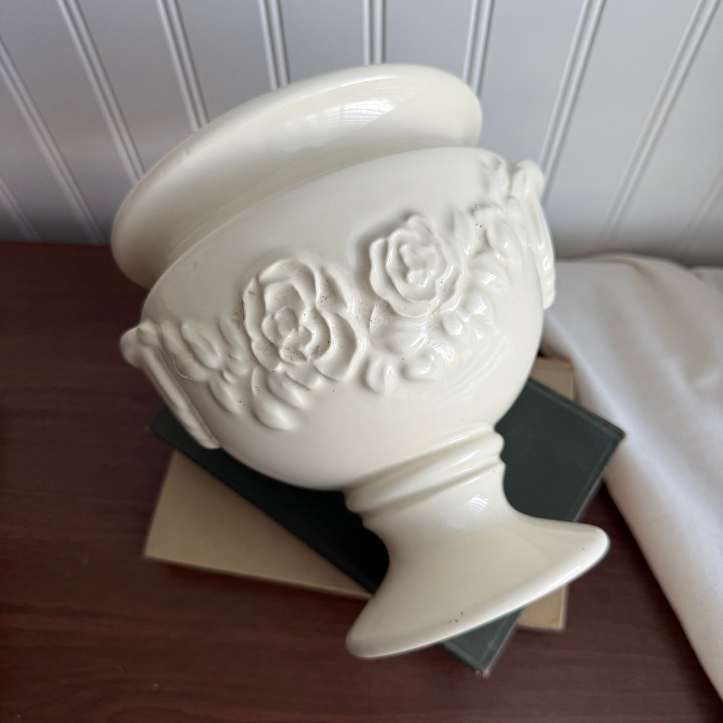 Vintage White Ceramic Pedestal Planter with Roses