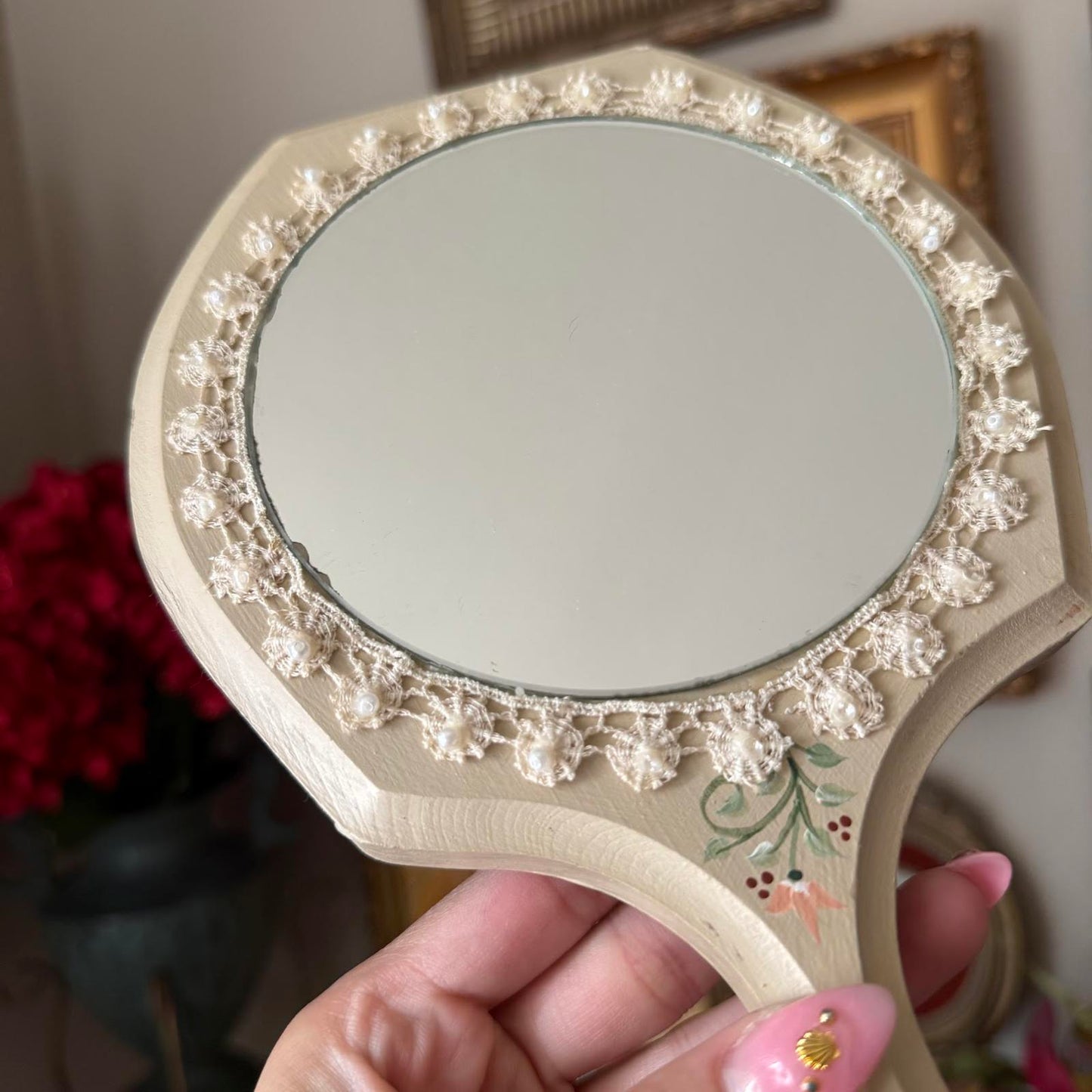 Vintage Hand Mirror with Lace Detailing