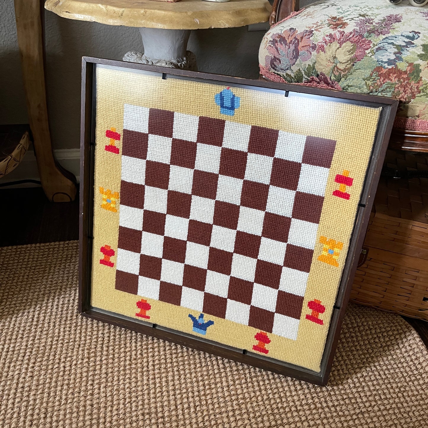 Vintage handmade checkers chess board needlepoint piece art work framed