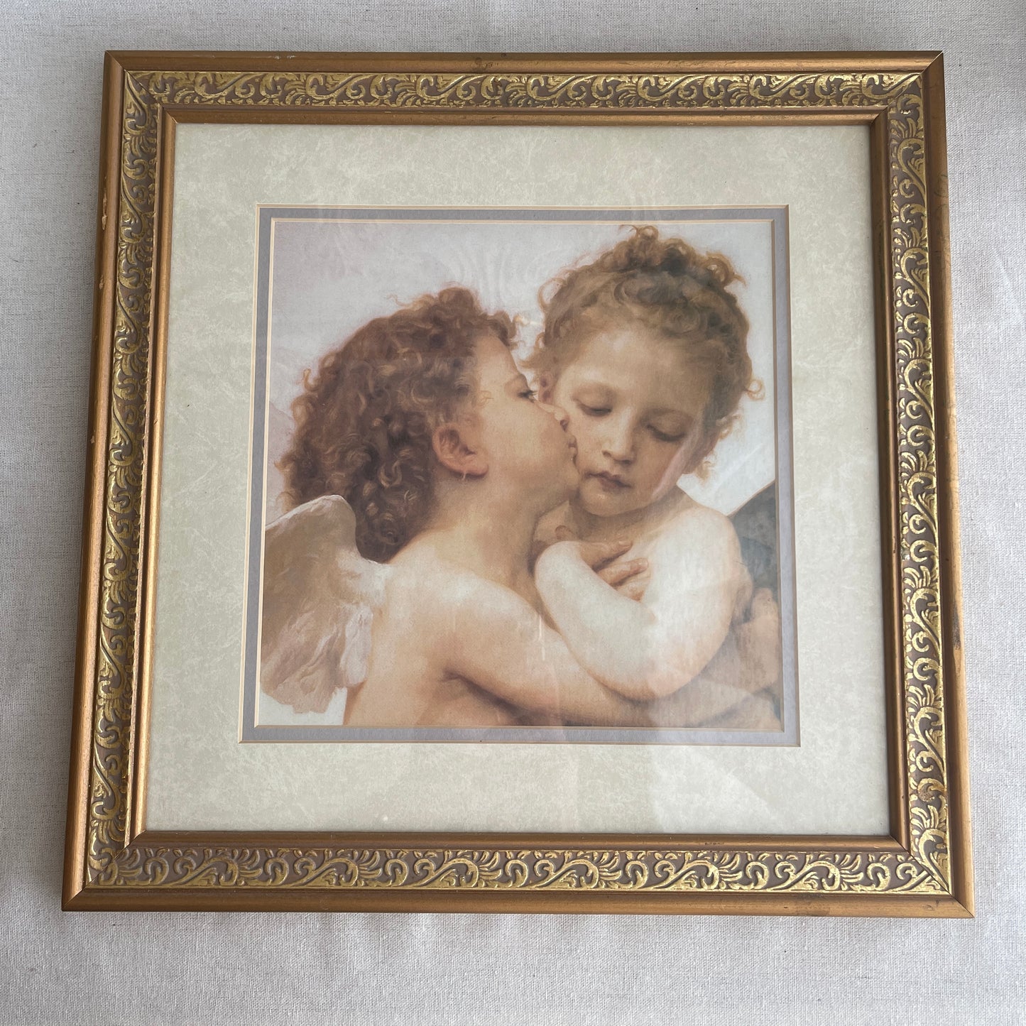 First Kiss by William Bouguereau Cherub/Butterfly Matted Art Print In Gold Frame