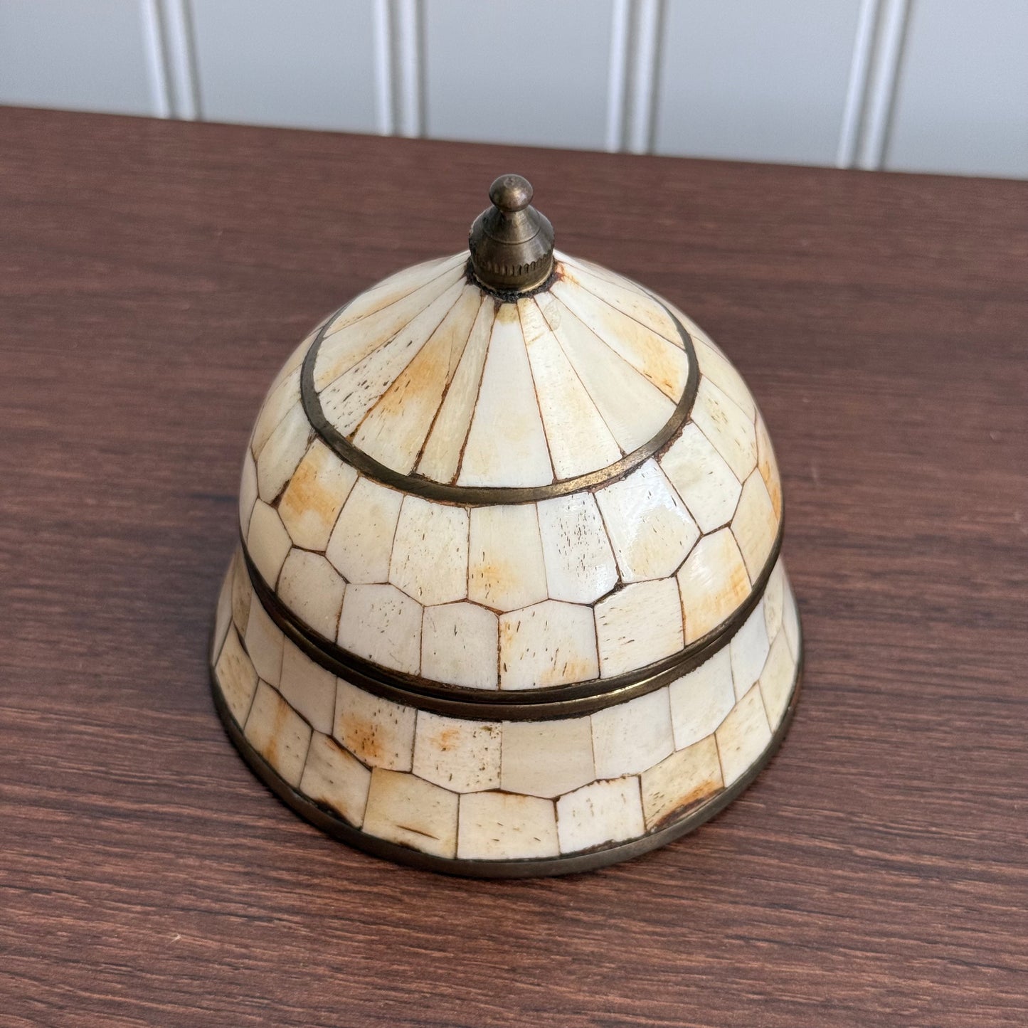 Vintage Moroccan brass box with bone inlay