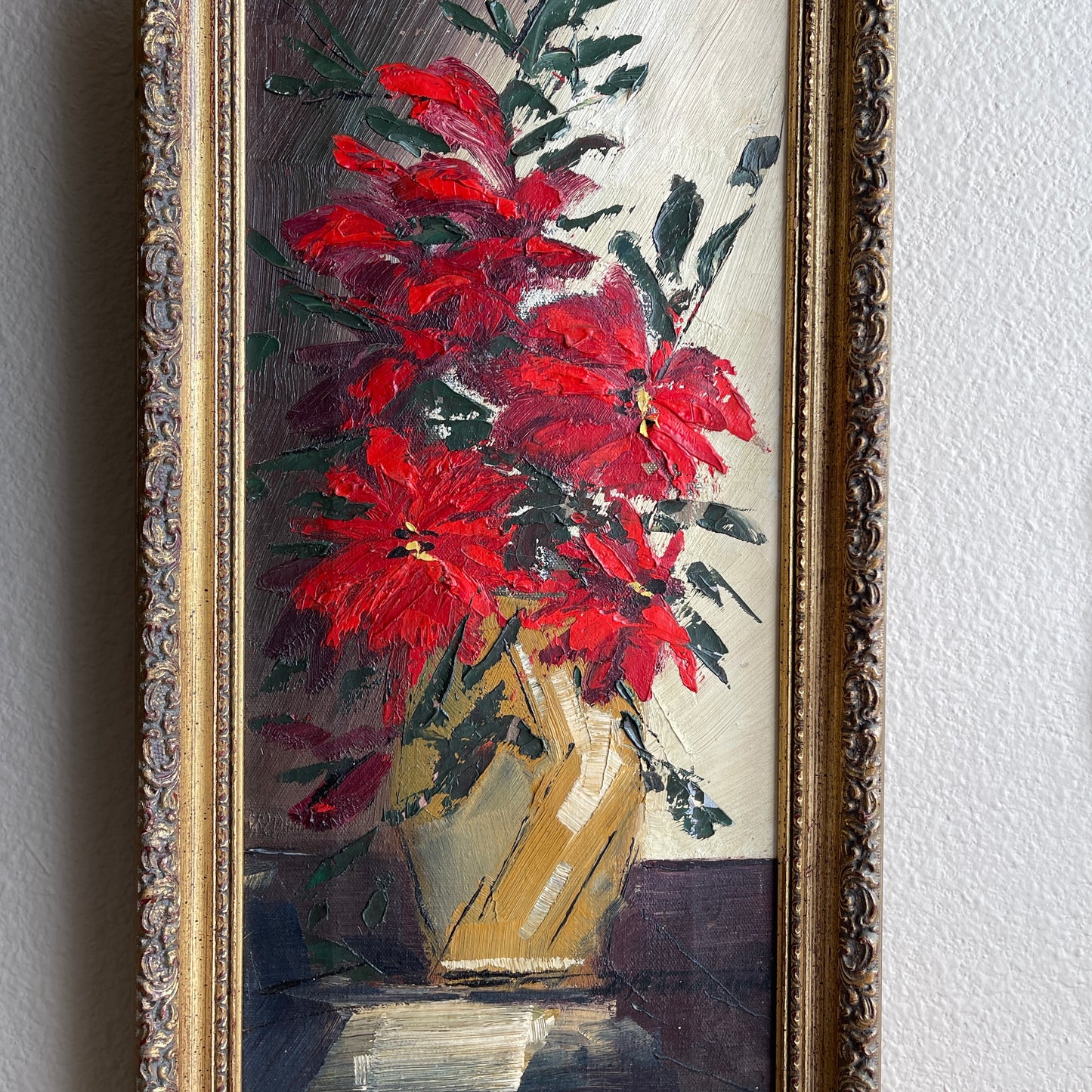 Vintage Red Poinsettia Flowers in Vase Painting Framed