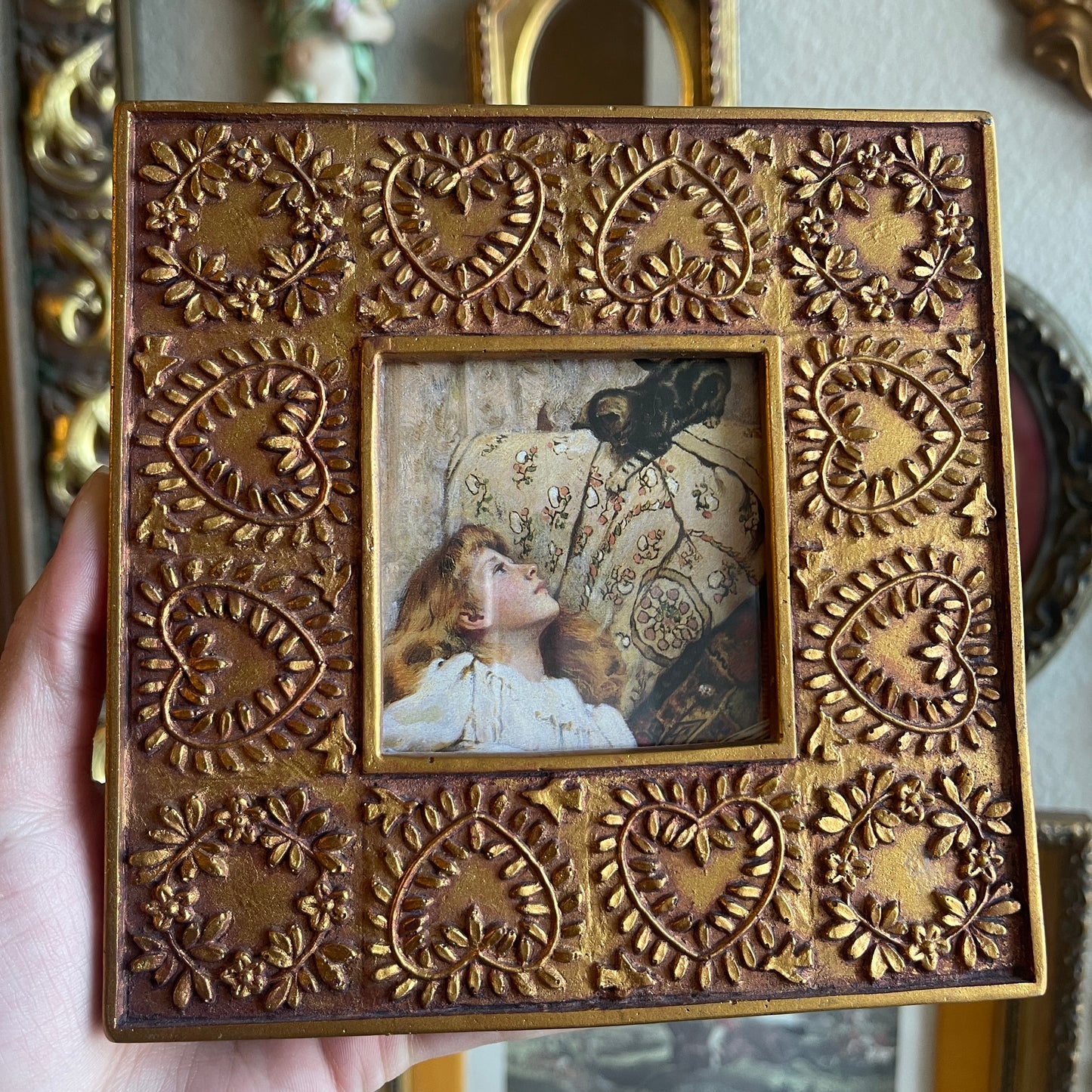 Gold Ornate heart leaf Girl and cat framed Art Print