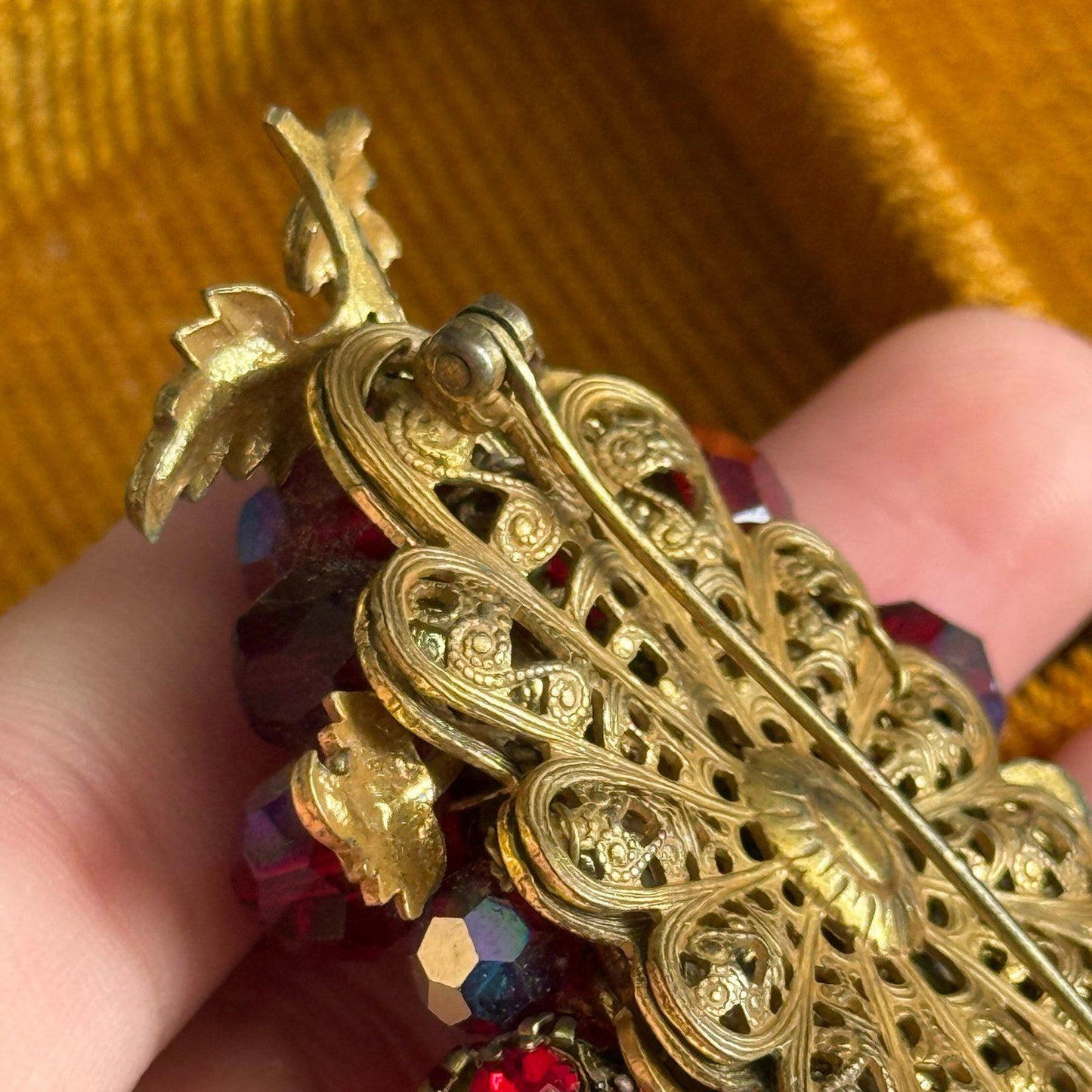 Vintage filigree Bright red faceted glass beads Brooch