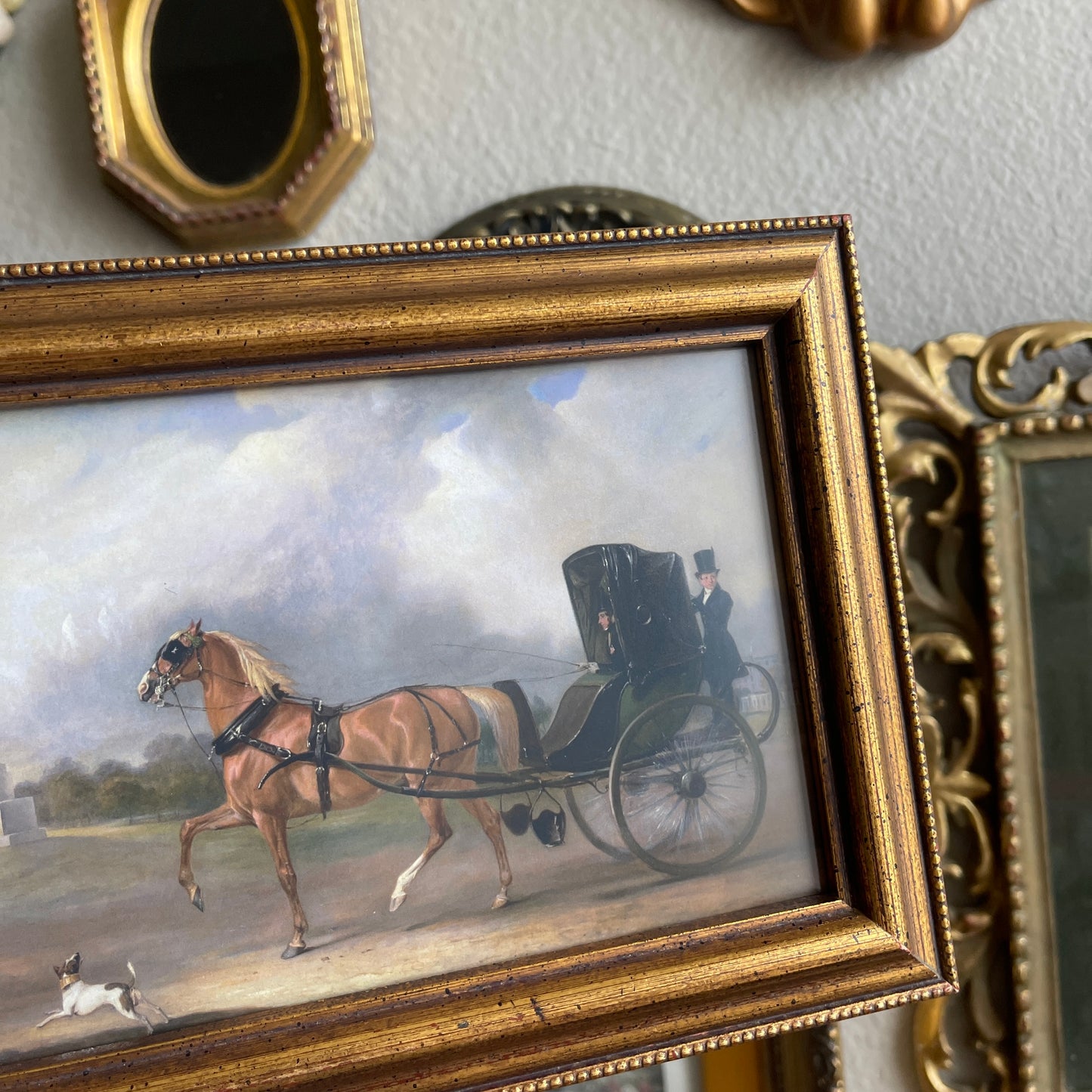 Vintage wooden frame Man in carriage & Horse Art Print painting