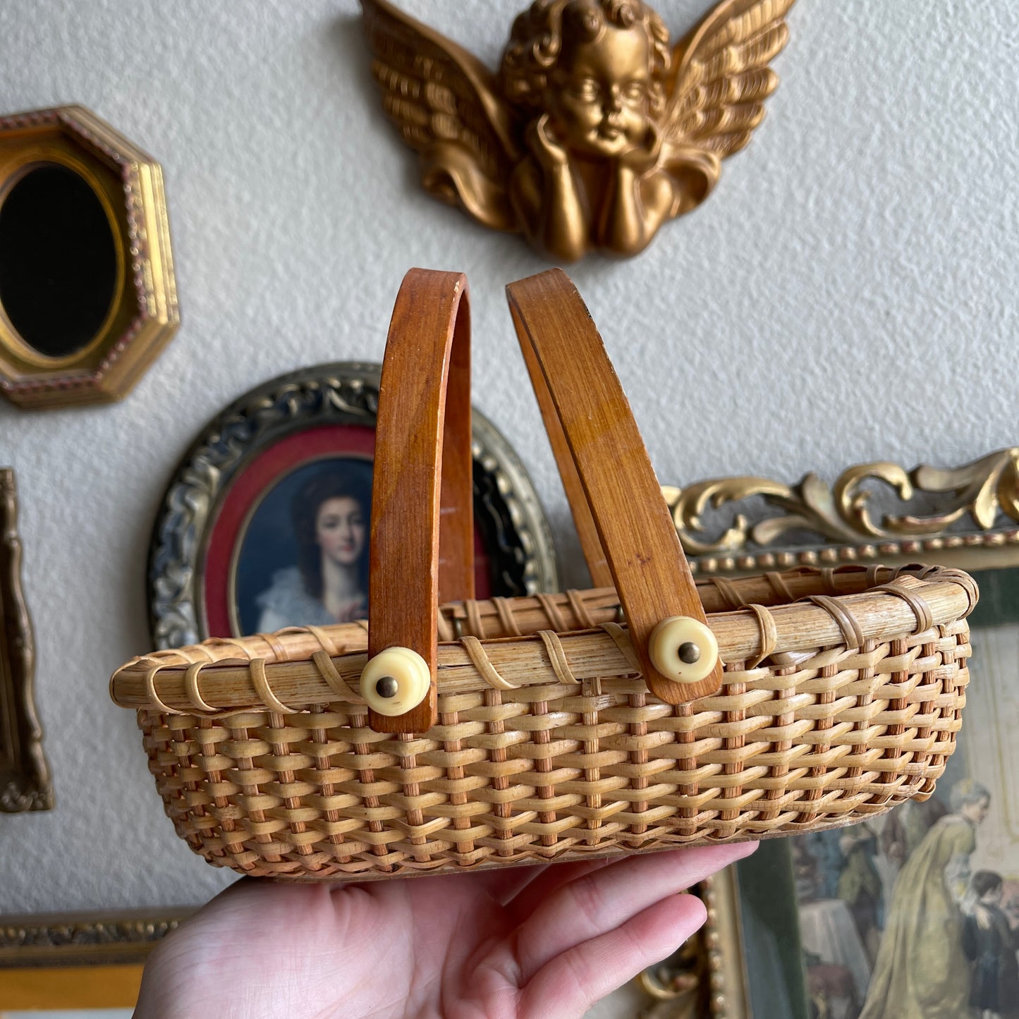 Lightship Style Oval Woven Cane Double Swing Handles basket