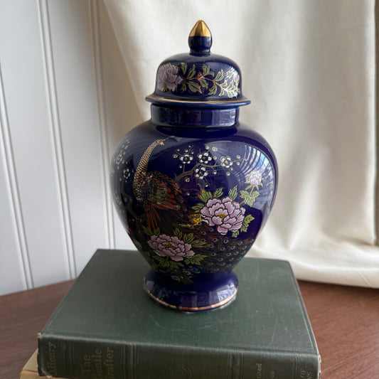 Peacock Floral Porcelain Cobalt Blue Ginger Jar