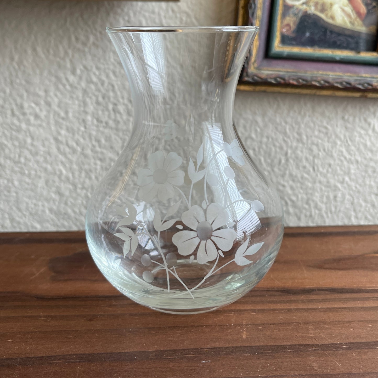 Vintage clear etched floral glass vase