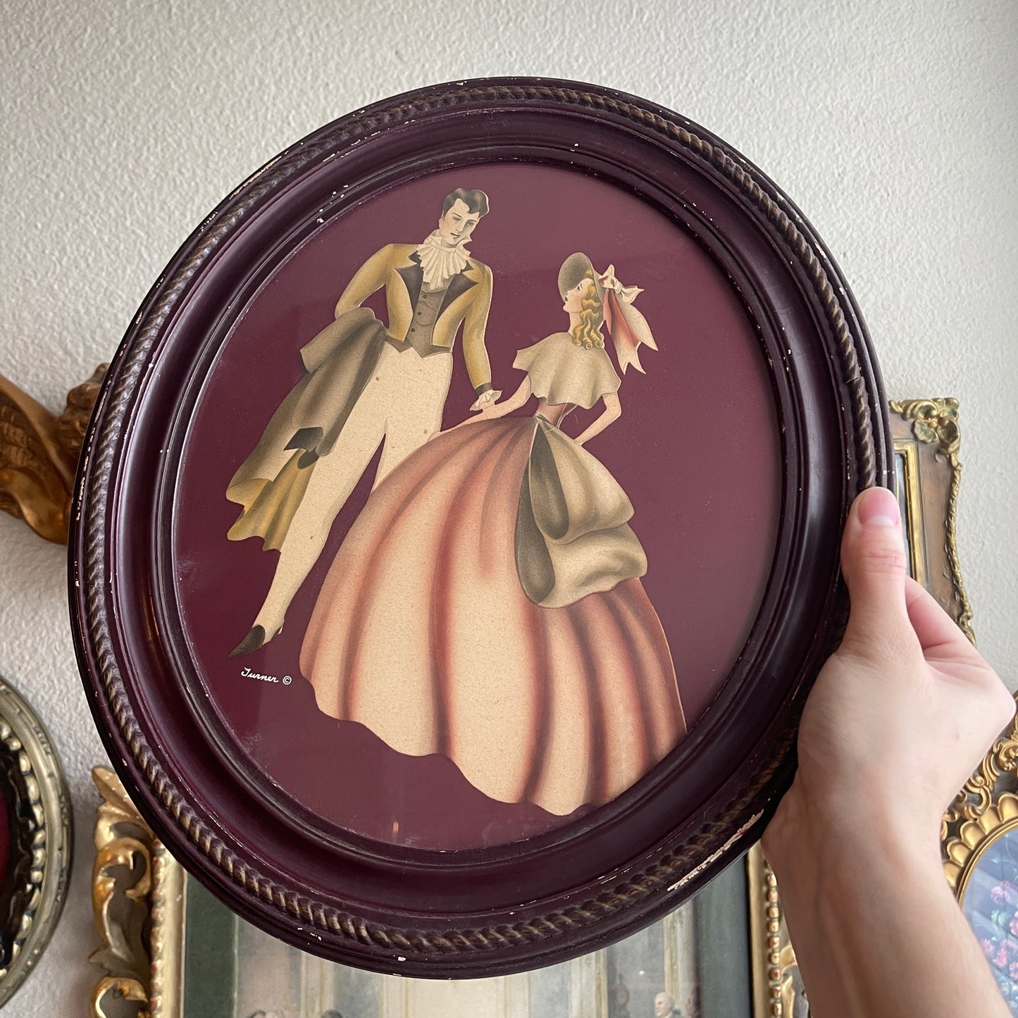 Vintage courting couple framed wood Oval