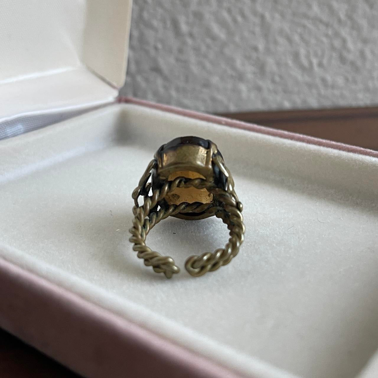 Vintage West Germany art glass Smoky topaz gemstone metal ring Adjust Regency Victorian Revival