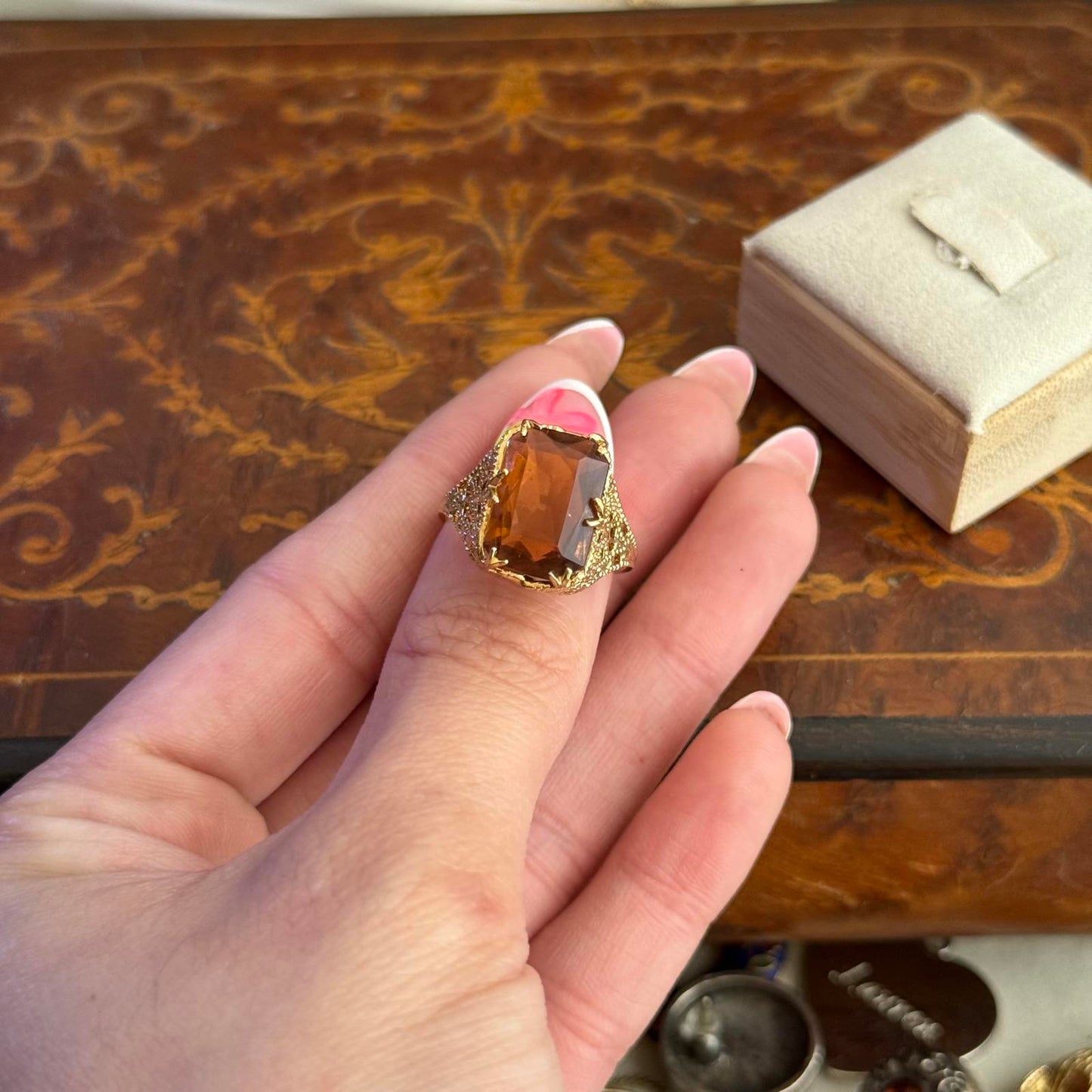 Vintage Style 14kt GE Gold Electroplated Orange Glass stone Ring