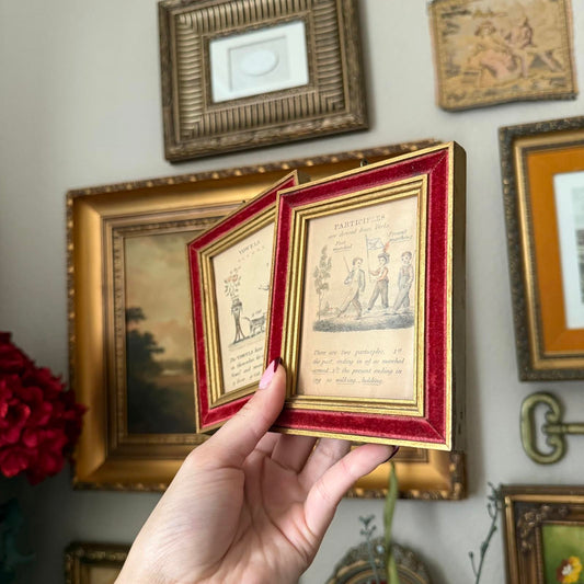 Antique 1800s Framed English Grammar Teaching Prints Velvet Art Wall Decor Set