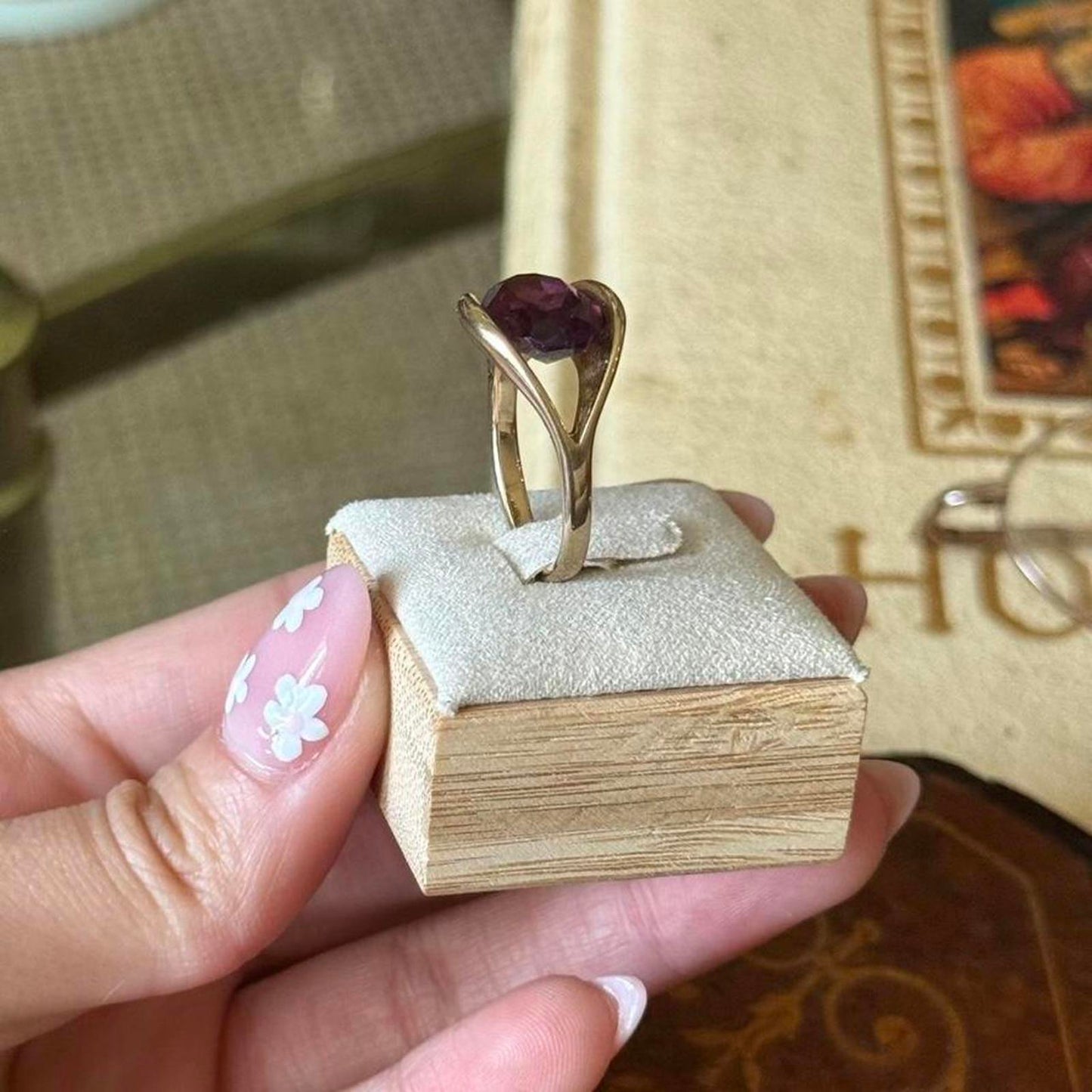 Vintage Gold Electroplated Purple Faux Glass Amethyst Ring